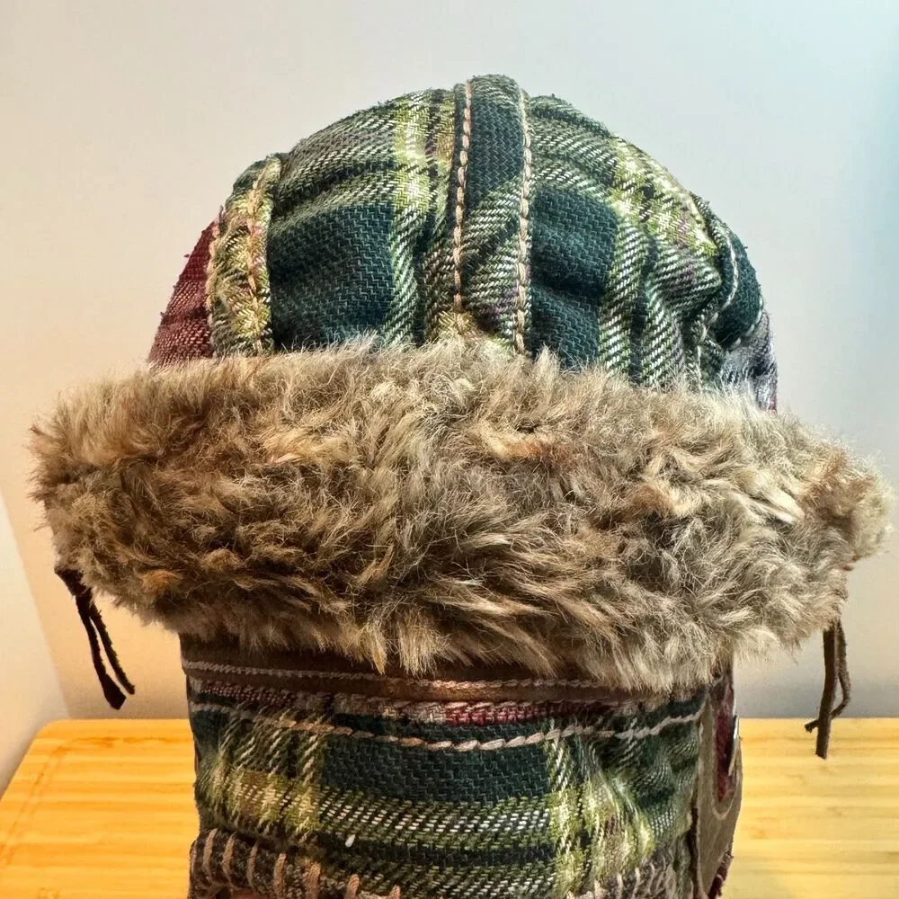 Vintage Y2K True Religion Patchwork Plaid Faux Fur Trapper Aviator Hat OS